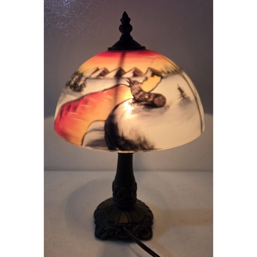 Reverse Painted Glass Table Lamp Winter Landscape Howling  Wolf 13" - Picture 5 of 5